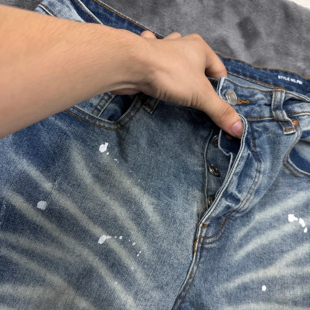 Purple Brand P001 Skinny Jeans Mens 32 Blue Good Distressed Paint Splatter